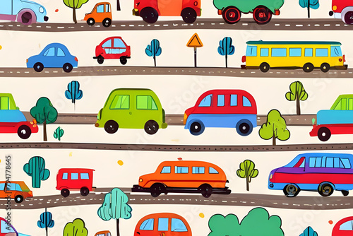 Seamless pattern with hand drawn cars  trains and road. Cartoon background for Kids. Vector illustrations