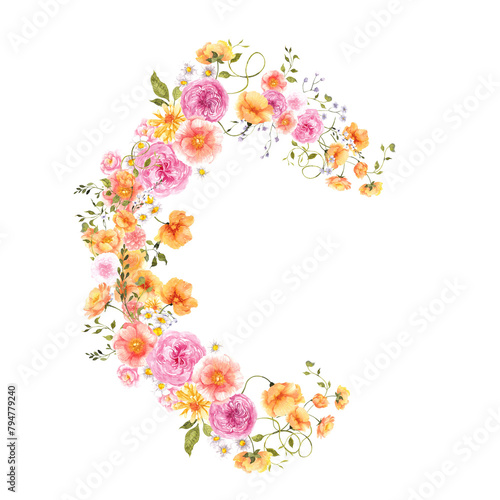 Watercolor hand draw peachy wreath, peach fuzz color, soft flowers, delicate floral, isolated on transparent dackground photo