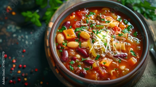 Appetizing Minestrone soup top shot, a rich blend of fresh vegetables, beans, and pasta, seasoned with herbs and sprinkled with Parmesan, studio lighting