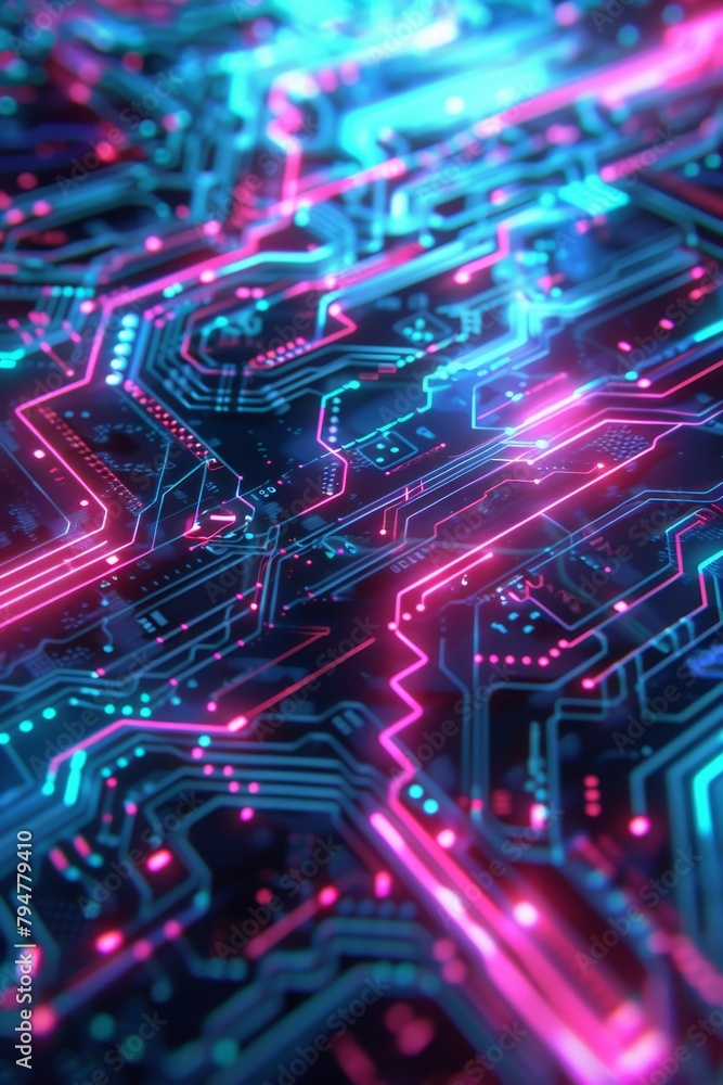 A dynamic and intricate pattern of neon-lit circuit board pathways set against a dark background