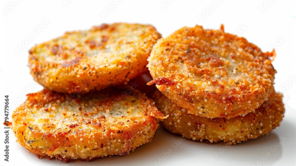 Appetizing display of Southern comfort food: Fried green tomatoes coated in cornmeal, crisply fried, tangy and slightly tart, on an isolated background
