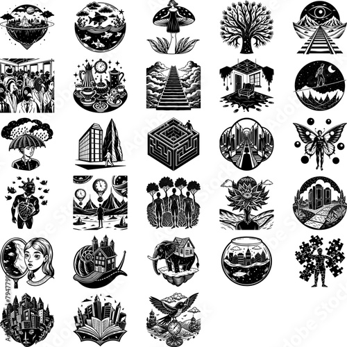 Set of surreal abstract illustrations. Vector icons collection.