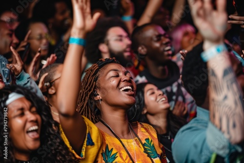 A diverse group of people with their hands in the air, showing excitement and unity at a lively concert event