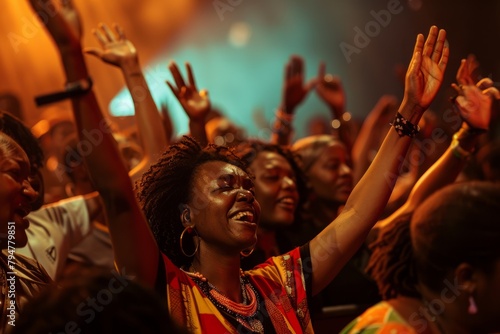 A group of diverse people at a concert, hands raised in excitement and unity, enjoying the energetic atmosphere