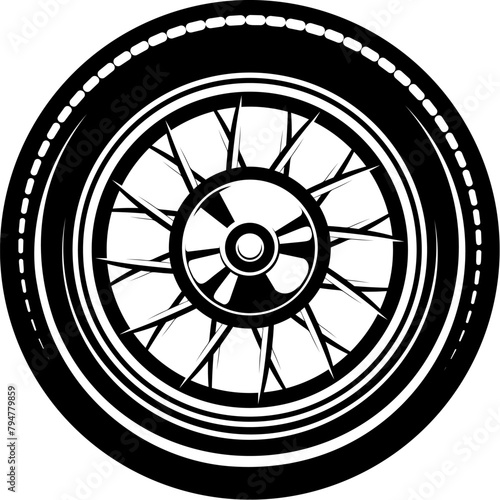 Black and white wheel illustration isolated on white background. Design element for emblem, sign, poster, card, badge. Vector illustration