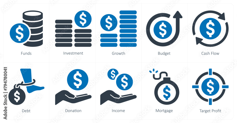 A set of 10 finance icons as funds, investment, growth A set of 10 finance icons as funds, investment, growth