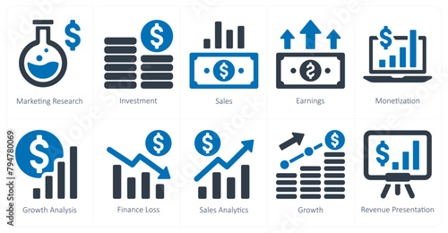 A set of 10 finance icons as marketing research, investment, sales