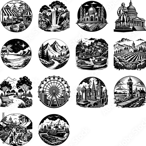 Collection of different city illustrations in black and white. Each image showcases a unique cityscape, architecture, and landmarks from various urban environments.