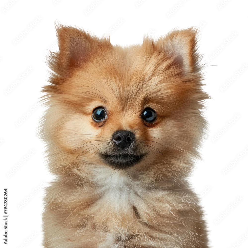 A charming 2 month old Pomeranian puppy portrait set against a transparent background
