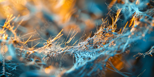 Ethereal Blue and Gold Cobweb Close-Up: Artistic Macro 