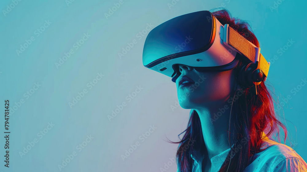 close-up beautiful female woman face model wearing vr virtual reality headset goggles and experiencing future technology immersive content close-up beautiful female woman face model wearing vr virtual reality headset goggles and experiencing future technology immersive content