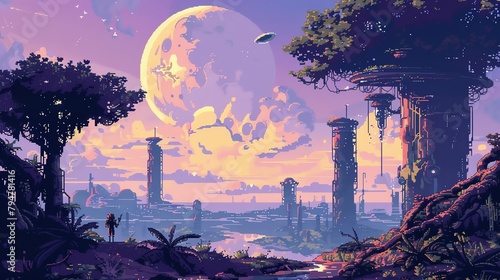 A pixelated alien planet settlement with habitats, aliens, and exotic landscapes
