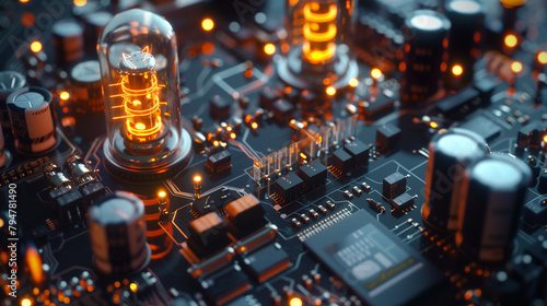 electrical circuitry from its analog origins to modern digital technology. Showcasing vintage vacuum tubes and analog components transitioning into sleek, miniature microchips and integrated circuits. photo