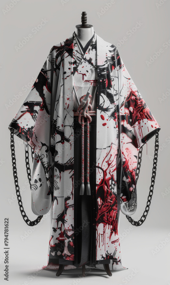 Kimono yukata 3d designed, front view, ad mockup, isolated on a white and gray background.