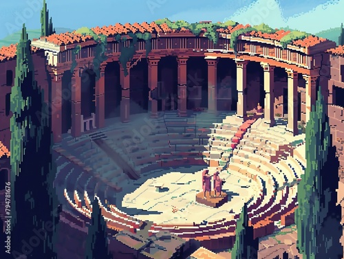 A pixelated Greek amphitheater with a live tragedy play and togas photo