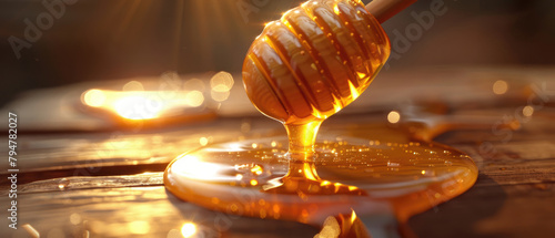 Thick clear yellow organic honey liquid flowing from wood honey sticks flows naturally on a wooden table created with Generative AI Technology  photo