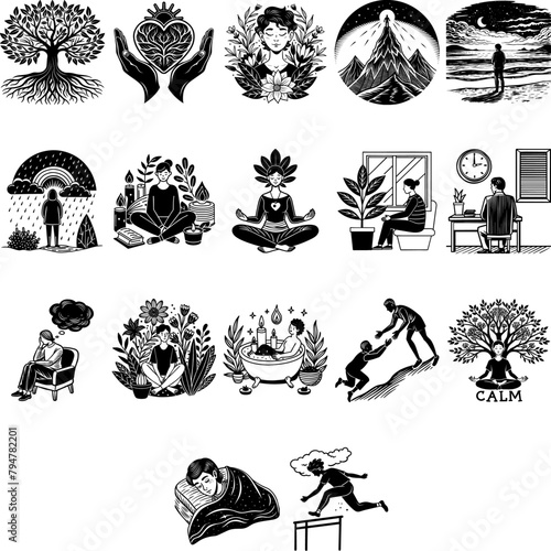 A series of black and white vector drawings illustrating various peaceful activities, natural elements, and serene human interactions.