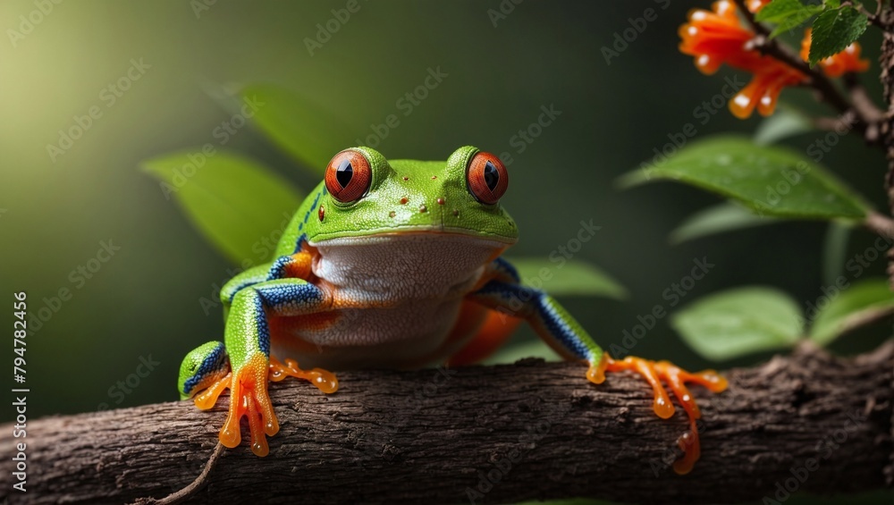 Naklejka premium Red-Eyed Tree Frog on Branch: A captivating image of a vibrant red-eyed tree frog perched on a branch, its mesmerizing gaze and striking colors captivating the viewer. This enchanting photo is perfect