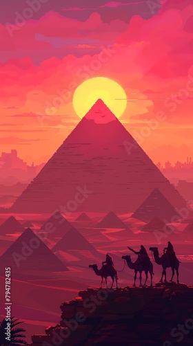 Ancient pixel pyramid landscape with camels and explorers  adventurous and historic