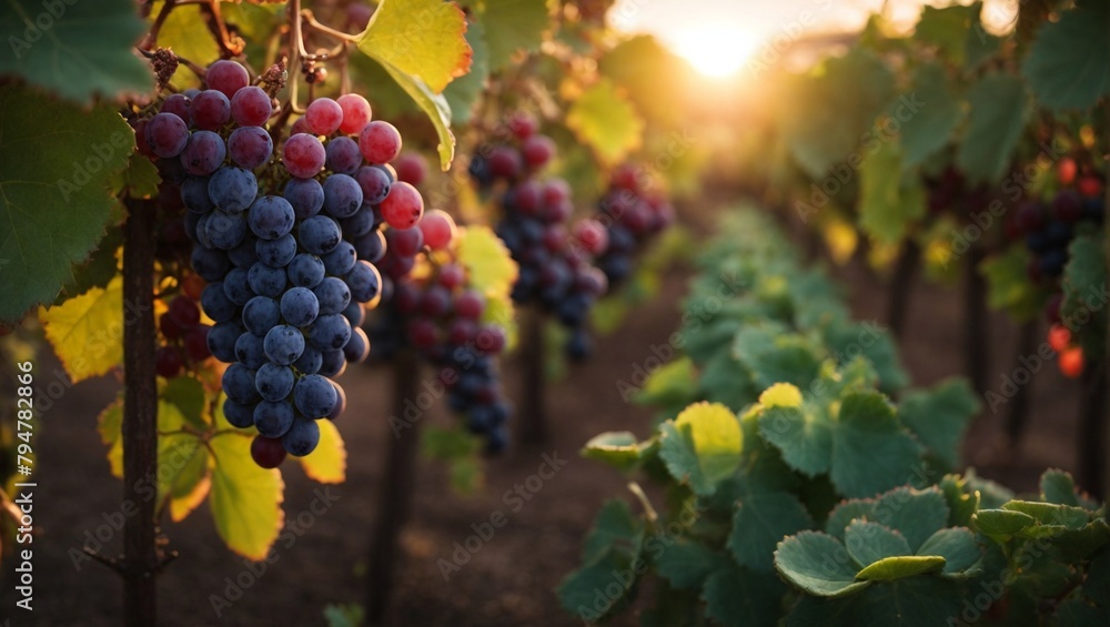Naklejka premium Sunset Vineyard: Ripe clusters of red and blue grapes hang heavy on the vine in a picturesque vineyard bathed in the golden glow of the setting sun. The scene evokes a sense of tranquility and abundan