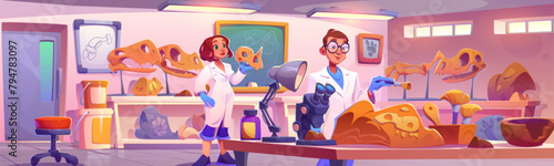 Fossil lab interior with paleontology scientists. Cartoon vector illustration of female and male archaeologist characters work with dinosaur skulls and bones. laboratory for prehistoric era explorer. © klyaksun