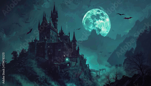 A castle is shown in the dark with a full moon in the background by AI generated image