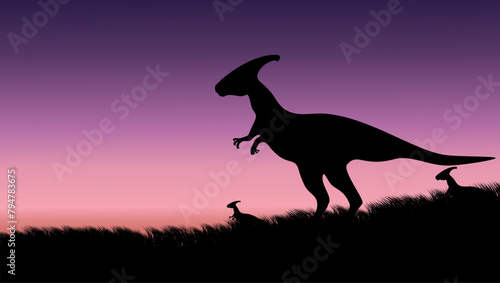 Saurolophus in a field, flat color illustration photo