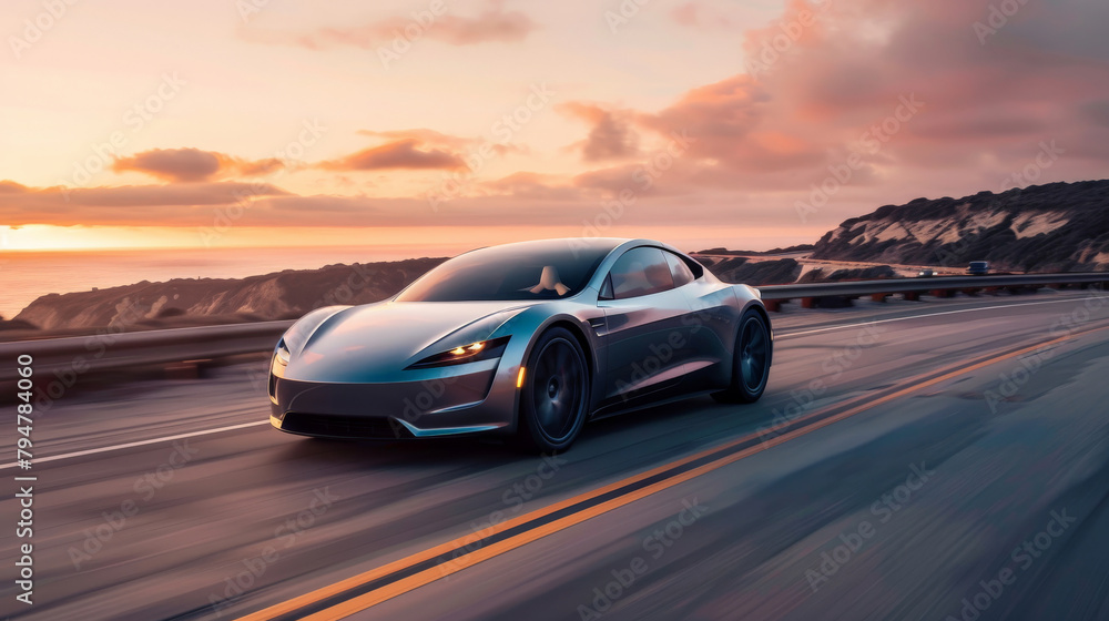 A sleek electric sports car speeding along a coastal highway during sunset