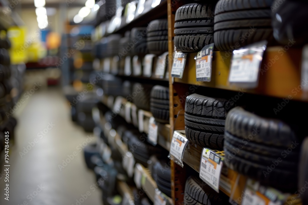 Numerous tires neatly arranged and stacked on a shelf in an empty tire store