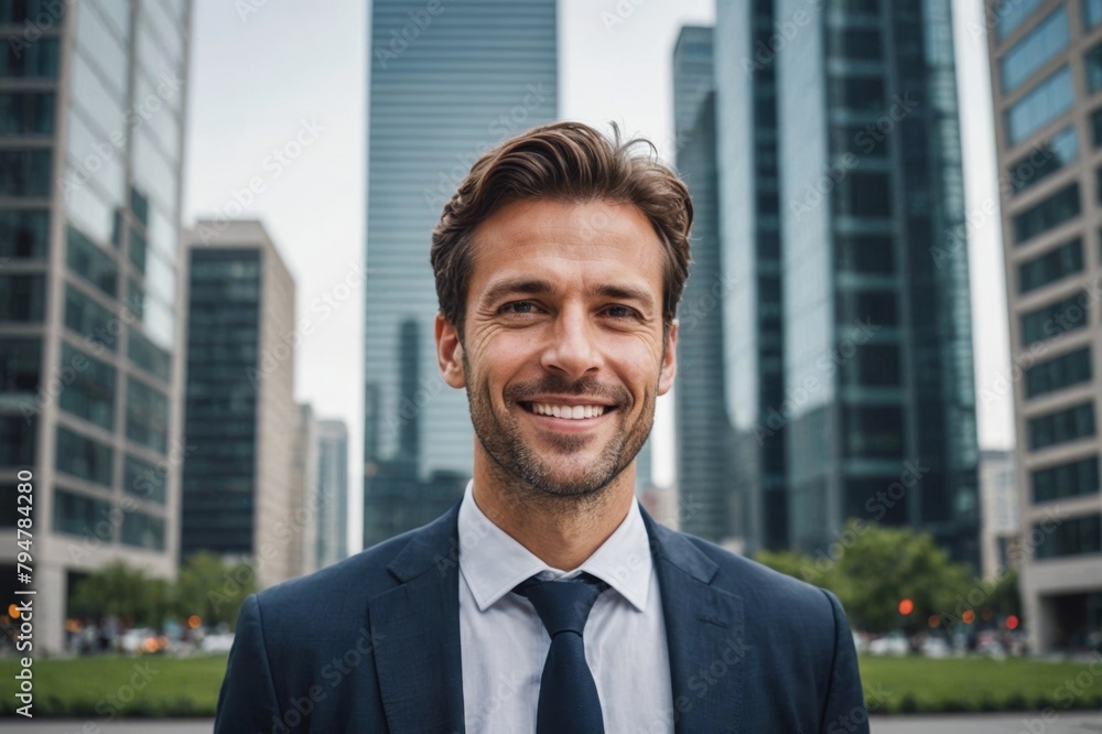 Portrait of satisfied businessman below city highrise buildings Portrait of satisfied businessman below city highrise buildings