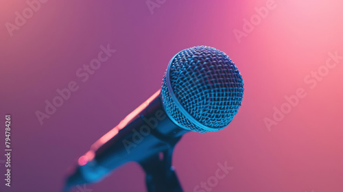 single microphone on arm standing on soft pink studio purple gradient background created with Generative AI Technology photo