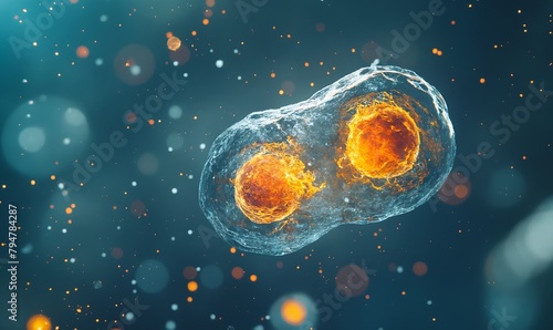 Human cell with two cells in the center, closeup, blue background, glowing particles, bokeh effect