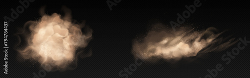 Sand dust cloud. Dirt desert smoke wind effect. Sandstorm powder splash. Isolated brown flying particle texture. 3d realistic smog explosion. Abstract grain spray splatter with glitter overlay.