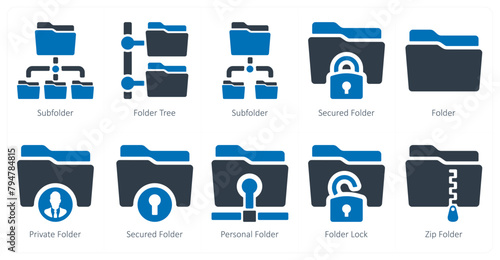 A set of 10 Folder icons as sub folder, folder tree, secured folder
