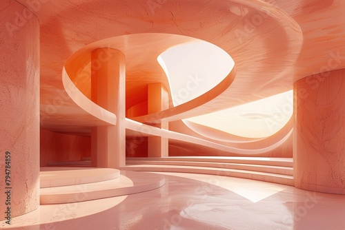 Surreal peach-colored architectural geometry with smooth curves and natural light.