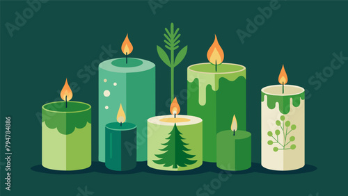 A set of handmade candles in varying shades of green exquisitely scented with essential oils of pine cedarwood and juniper.