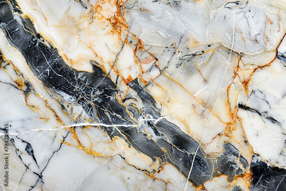Close-up of marble texture with intricate patterns of gold and grey veins.