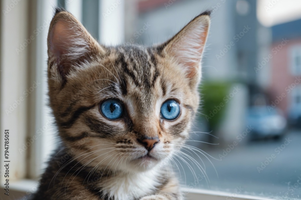 Blue-eyed kitten looking out the window