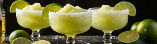 Three glasses of margarita garnished with lime slices on a dark background photo