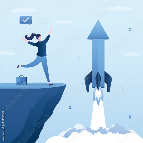 Happy businesswoman stands on rock and looks at rocket arrow taking off. Innovative solution or invention of product. Startup, new business or investment,