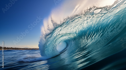 A towering ocean wave forms a sculptural arc against a pristine blue sky. photo