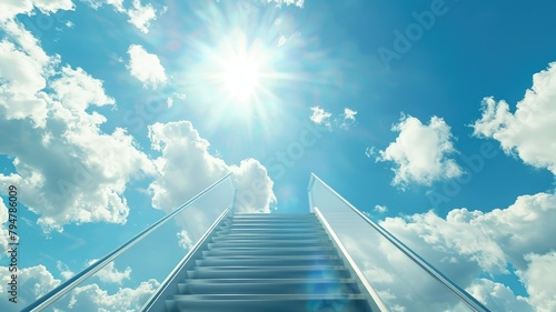 Staircase to heaven in sunlight - A contemporary image of a staircase leading to heaven flanked by fluffy clouds and radiant sunlight