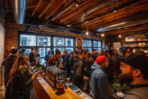 A group of people standing around a bar, socializing and enjoying the lively atmosphere of a roasterys grand opening event