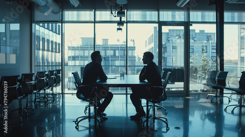 Meeting of the company's directorate and negotiations on development issues. Big business. Silhouette of businessmen in a meeting room against the backdrop of large windows