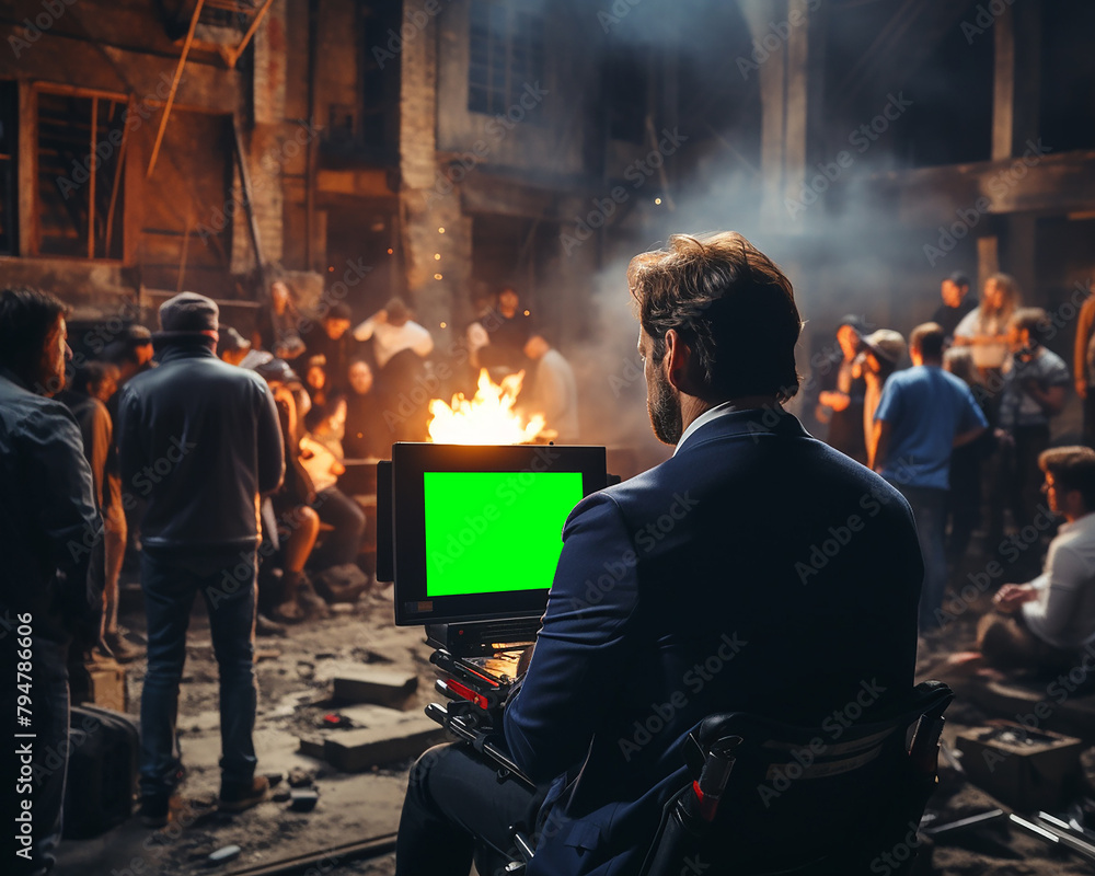 A man in a suit is sitting in a wheelchair in a war zone. He is watching a green screen monitor. There are people standing around him.