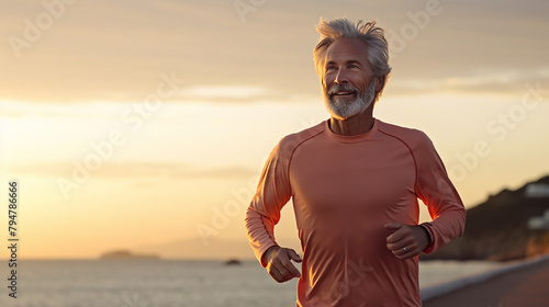 A man in his 50s is running along a coastal path at sunset. He is smiling and looks happy and healthy.