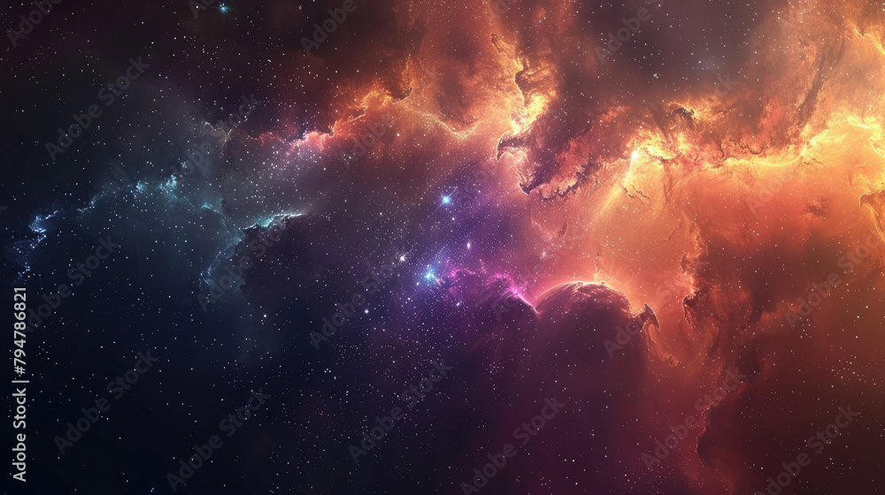 A galaxy background with colorful nebula clouds and bright stars combine to form a stunning sky view