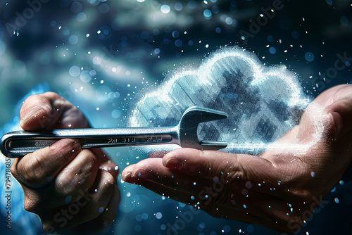 Digital cloud and hands grasping a wrench Visual metaphor for maintaining and repairing cloud-based data systems