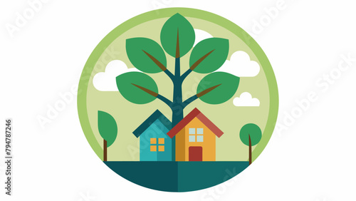 A seal of a house with a tree growing on top representing the products energy efficiency and ecofriendly design.