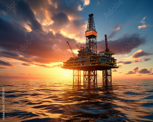 An oil rig in the ocean at sunset. © PARALOGIA